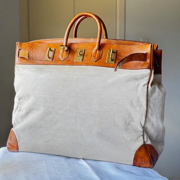SOLD! (Other site) 💼 1954 Hermès HAC 55cm Vache Naturelle & Toile, original lock - Picture 1 of 16